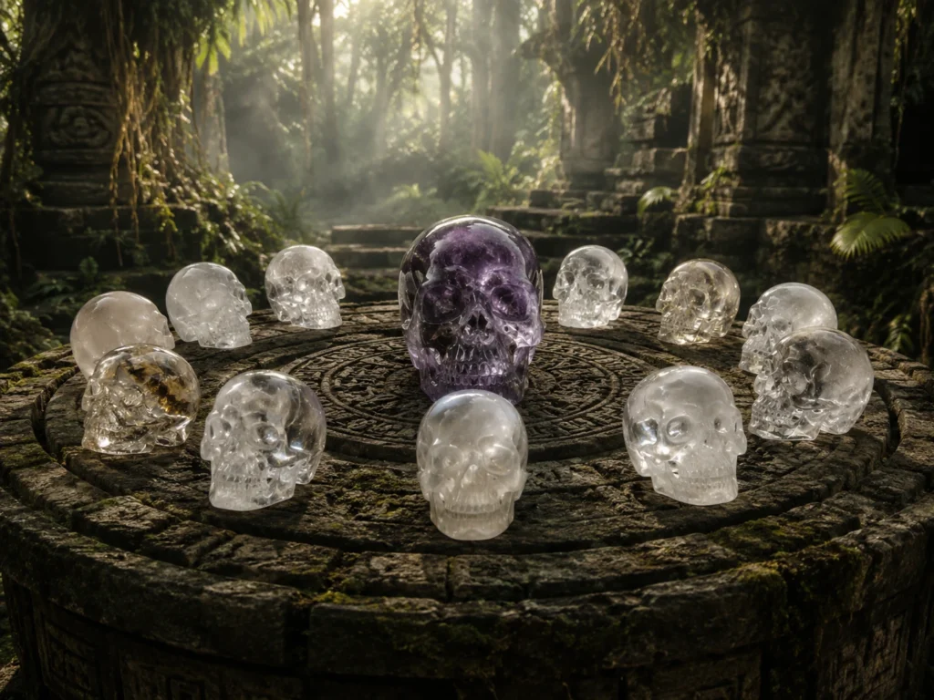 The modern legend of the thirteen crystal skulls — twelve gathered around one master skull, waiting to share their hidden wisdom.